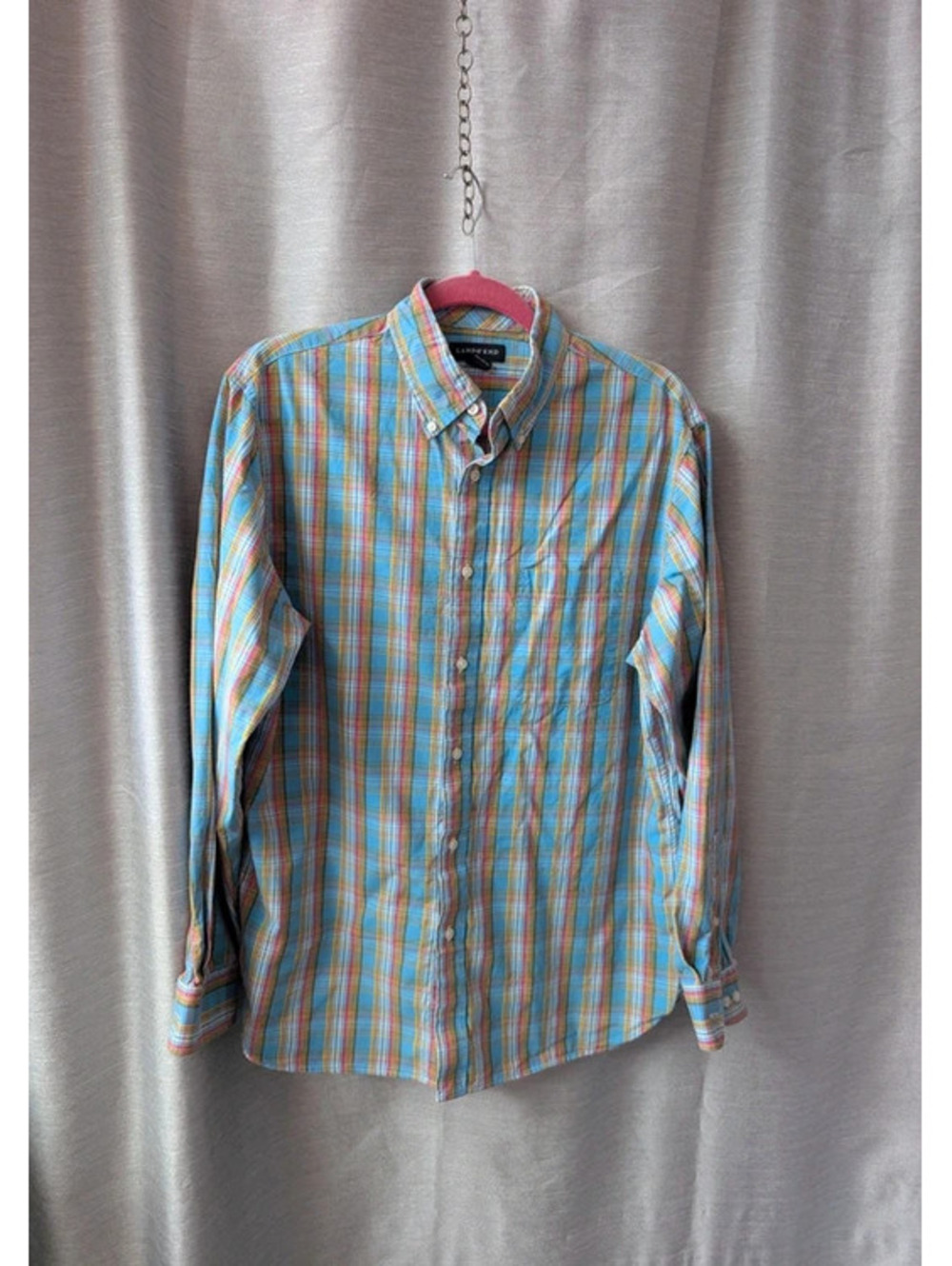 Lands' End Rainbow Plaid Cotton Button Up M